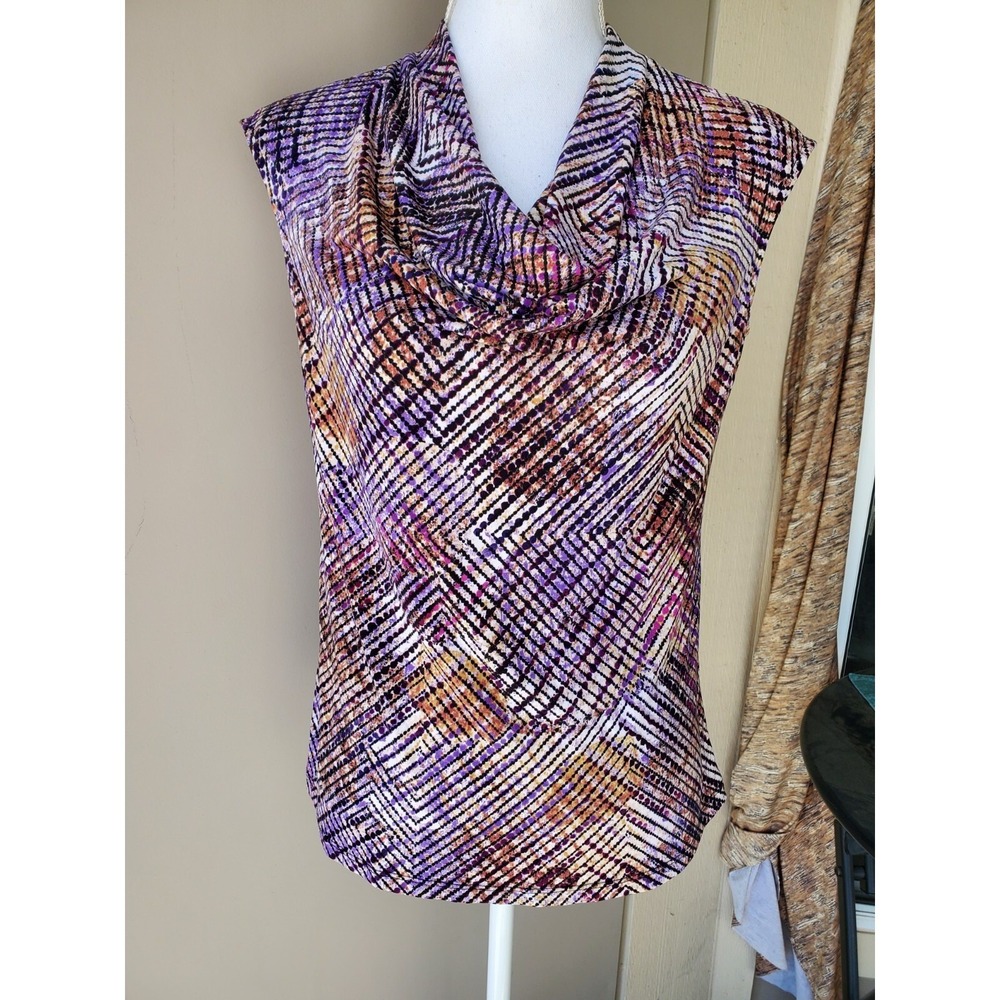 Kasper Sleeveless Cowl Neck Top Womens Small Purple Geometric Abstract Blouse